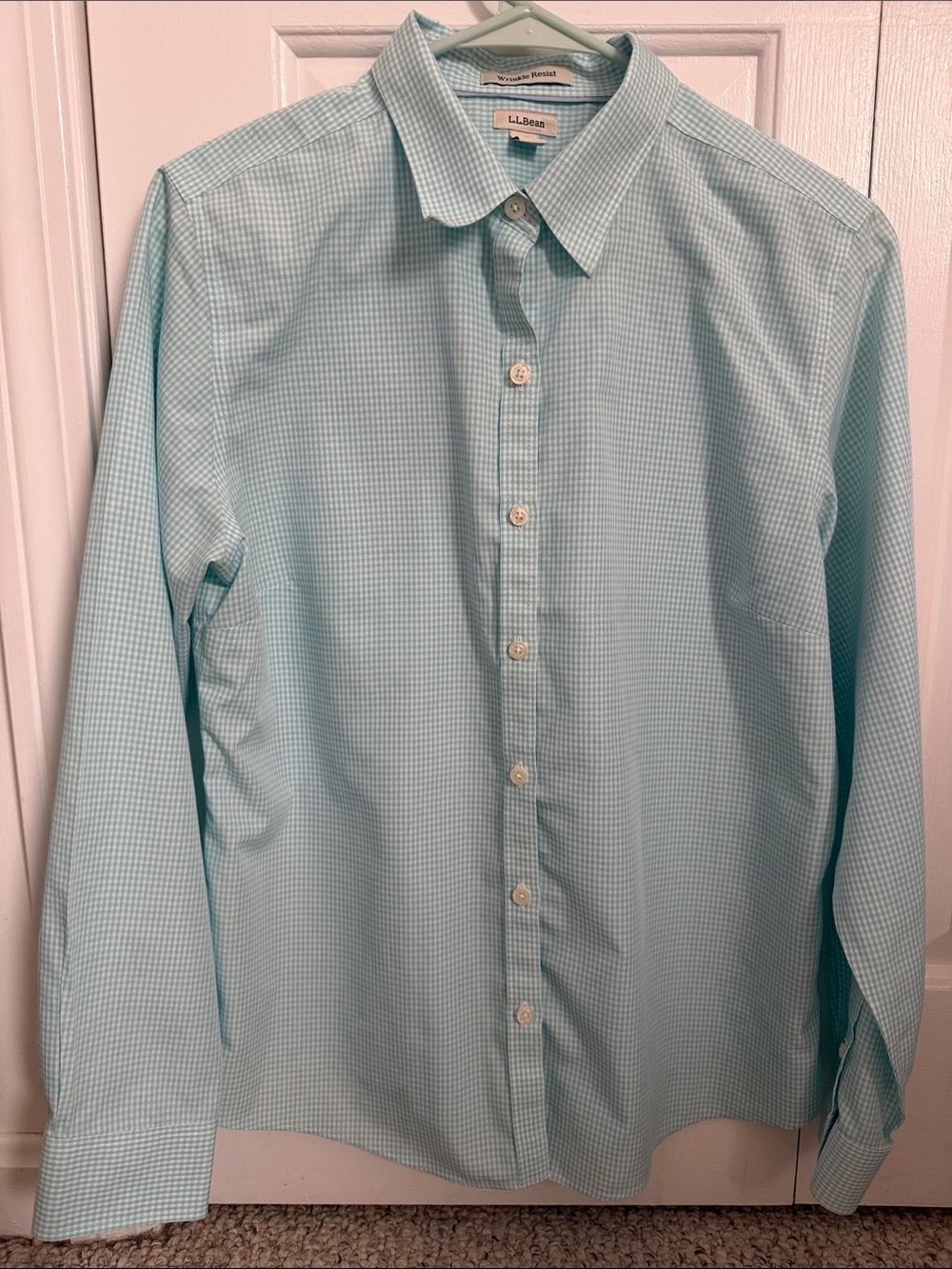 L.L. Bean Men's Light Aqua Gingham Button-Down Shirt wrinkle resist